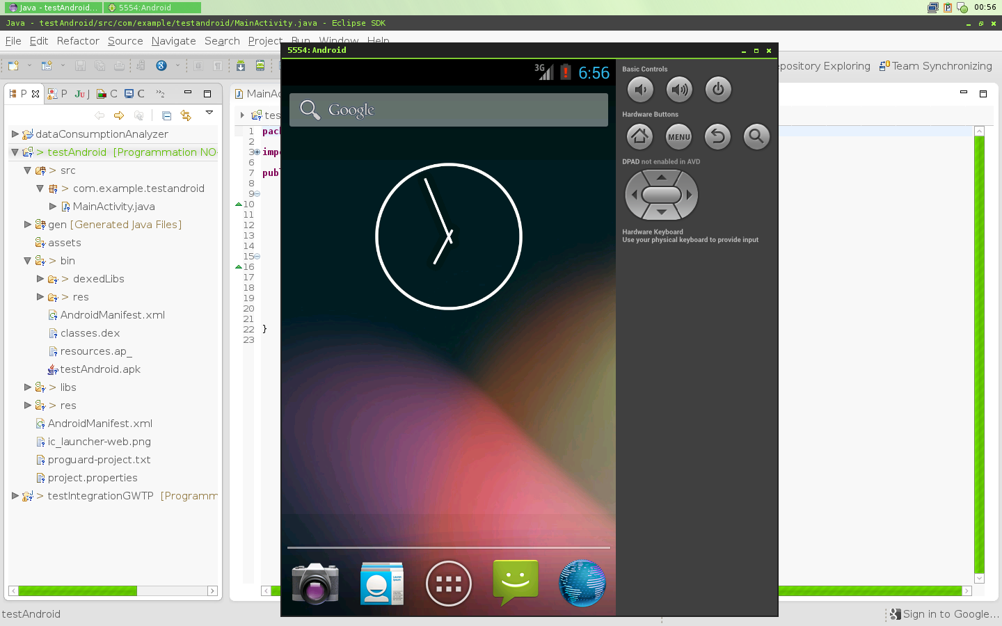 Prise d’écran de l’environnement de développement intégré Eclipse lors du développement d’une application Androïd avec l’émulateur de lancé