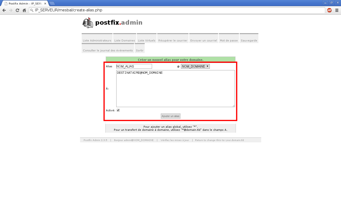 Création de boîtes aux lettres dans Postfix Admin sur un serveur dédié Kimsufi sous Ubuntu Server 14.04 LTS – Création d’un alias – Partie 2