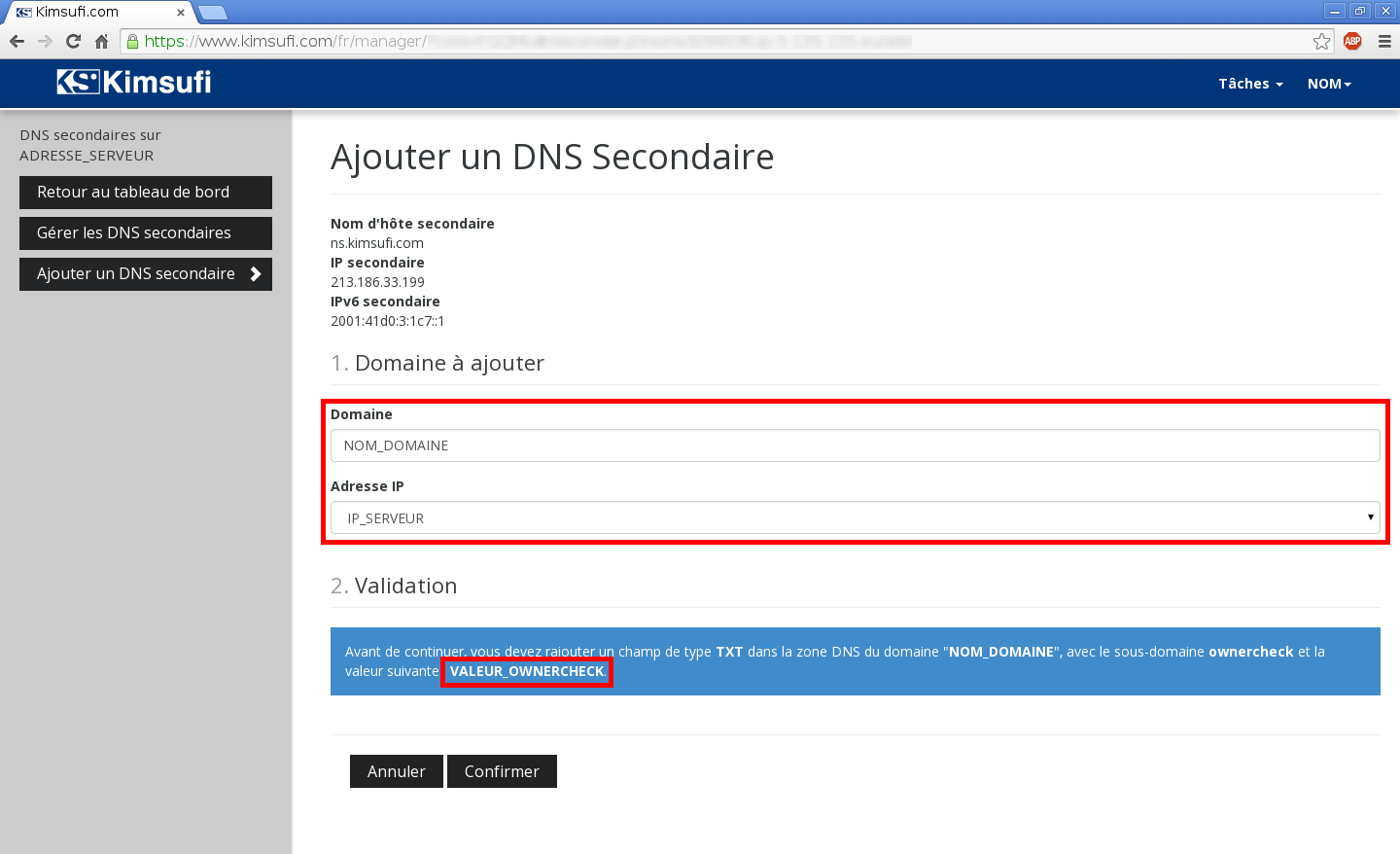 Configuration de noms de domaines chez Online.net et 1and1.fr pour pointer sur un serveur dédié Kimsufi – Configuration d’un nom de domaine chez 1and1.fr – Étape 10