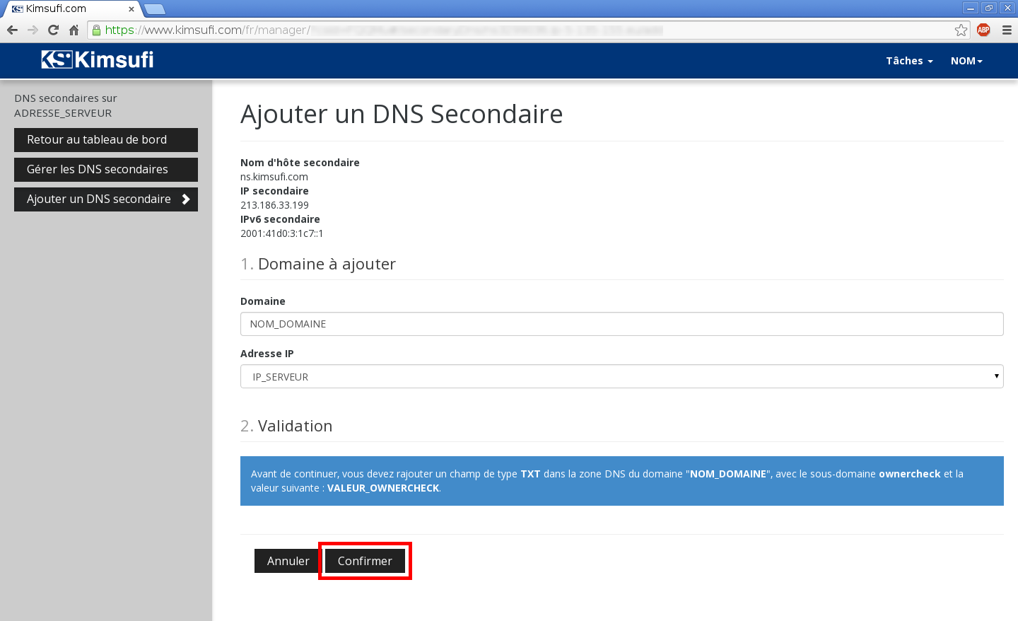 Configuration de noms de domaines chez Online.net et 1and1.fr pour pointer sur un serveur dédié Kimsufi – Configuration d’un nom de domaine chez 1and1.fr – Étape 11
