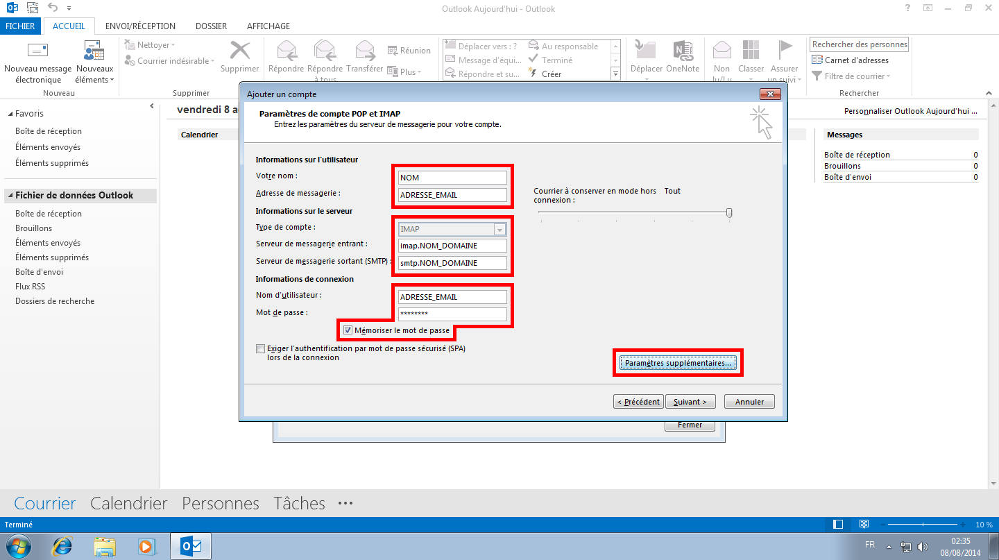 Configuration des comptes e-mails pour Microsoft Outlook - Protocole IMAP - Étape 1