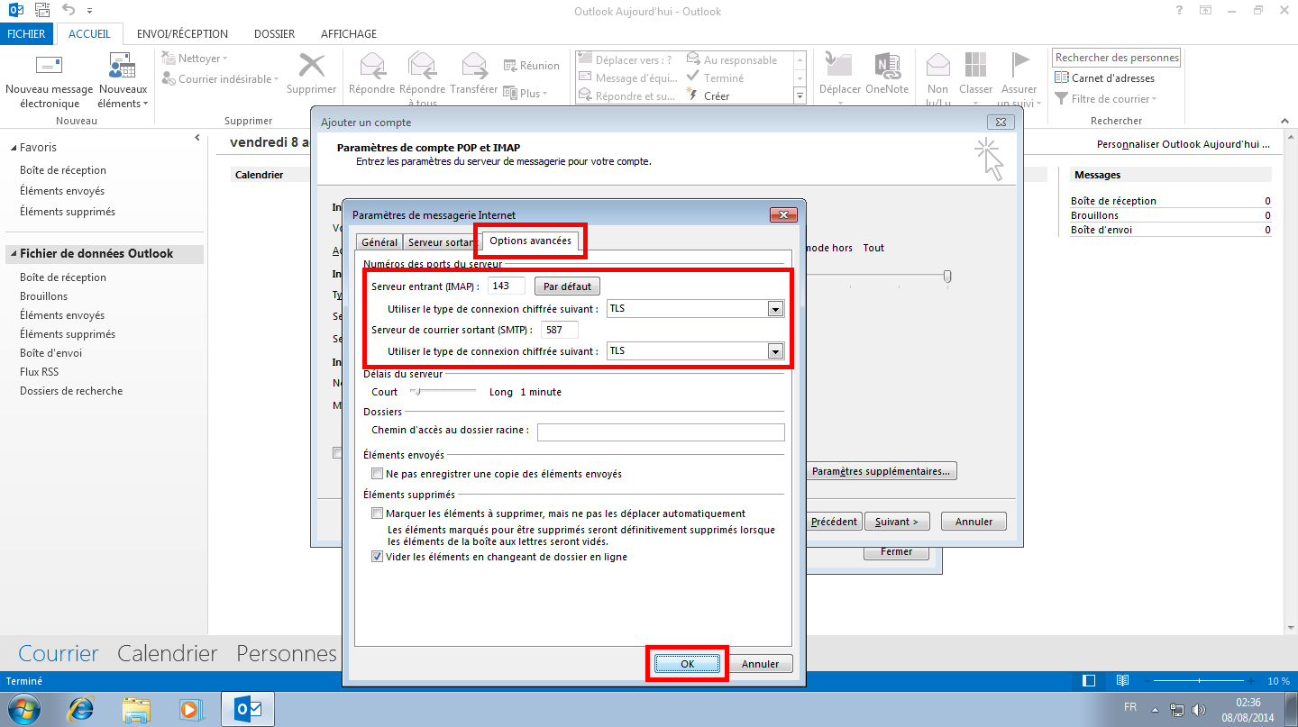 Configuration des comptes e-mails pour Microsoft Outlook - Protocole IMAP - Étape 3