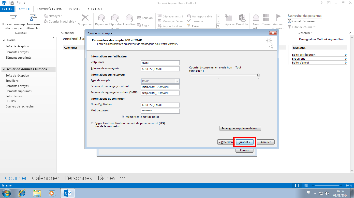 Configuration des comptes e-mails pour Microsoft Outlook - Protocole IMAP - Étape 4