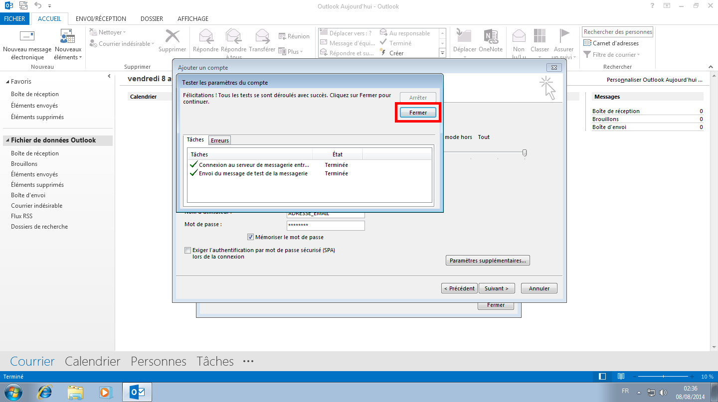 Configuration des comptes e-mails pour Microsoft Outlook - Protocole IMAP - Étape 5