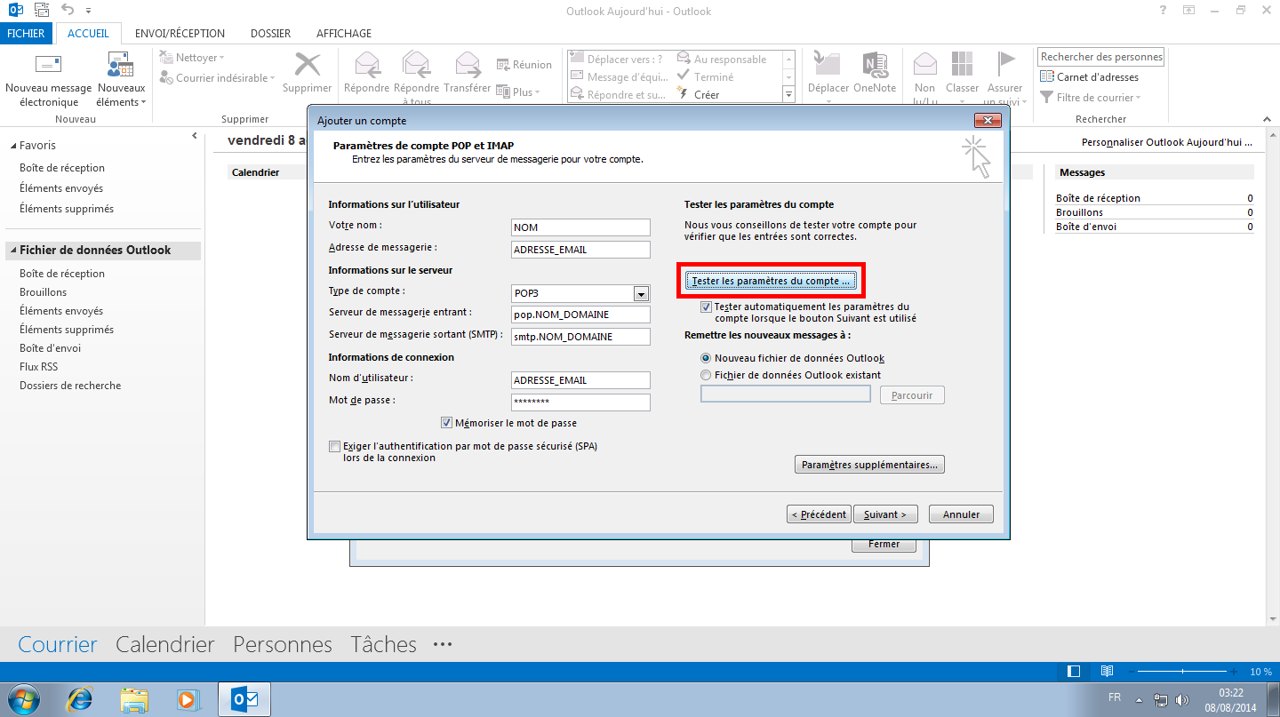 Configuration des comptes e-mails pour Microsoft Outlook - Protocole POP - Étape 4