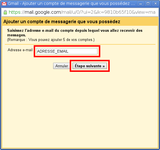 Configuration des comptes e-mails pour Gmail - Étape 3